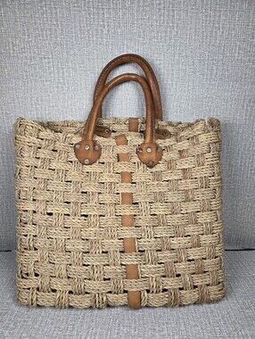 Vintage Woven Large Straw & Leather Tote Bag